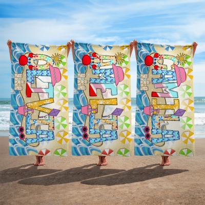 Personalized Name Summer Doodle Alphabet Beach Towel, Microfiber Quick Dry Bath Towel, Vacation/Beach/Pool Party Favor, Gift for Kids/Boys/Girls