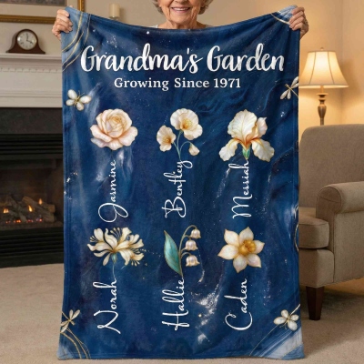 Personalized Names & Birth Flowers Grandma's Garden Blanket, Flannel/Sherpa Throw for Bed Couch, Birthday/Mother's Day Gift for Mom/Grandma