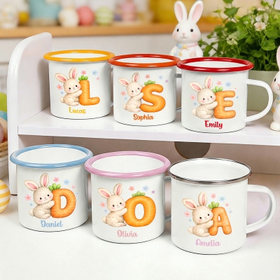 Personalized Name Cute Bunny Carrot Alphabet Easter Enamel Mug, 12oz Cup with Handle, Tin Camping Mug, Easter Party Favor, Easter Gift for Kids