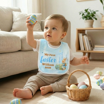 Personalized Name & Year Baby First Easter Bunny Design Cotton Bib, Baby Feeding Accessory, Baby Shower/Easter Gift for Newborns/Kids