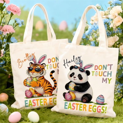 Custom Name Don't Touch My Easter Eggs Bunny Ears Animal Design Tote Bag, Large Capacity Canvas Easter Egg Hunt Bag, Easter Gift for Kids/Boys/Girls