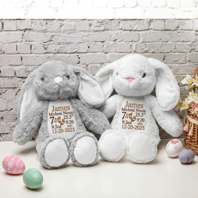 Personaalized Birth Info Plush Bunny with Custom Name, Date, Weight & Length, Soft Newborn Keepsake Toy & Baby Shower Gift