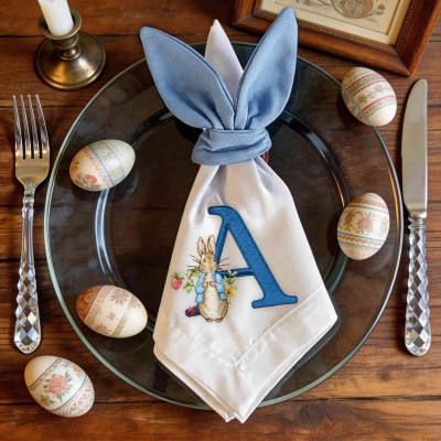 Personalized Vintage Bunny Easter Napkins – Custom A–Z Letter Monogram, Classic Storybook Rabbit Party Decor