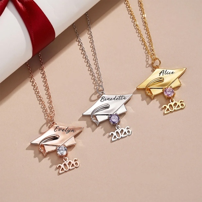 Personalized Dainty Graduation Cap Birthstone Necklace with Engraved Name and Year Graduation Birthday Gift for Graduates