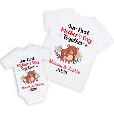Custom Cute Bear Bunny Giraffe 100% Cotton T-Shirt and Baby Onesie, Our First Mother's Day Mom & Baby Set, First Mother's Day Gift for Newborn New Mom
