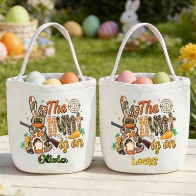 Personalized Name Camo Egg Hunter Rabbit Easter Basket, Large Capacity The Hunt Is On Canvas Goodie Bag, Easter Egg Hunt Bag, Easter Gift for Kids