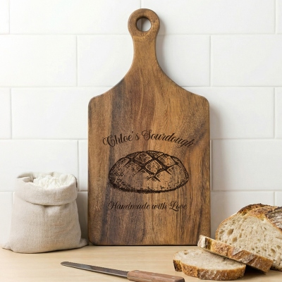 Custom Name Sourdough Cutting Board with Handle, Wooden Engraved Charcuterie Board, Kitchen Accessory, Housewarming Gift for Baking Lovers/Hostess