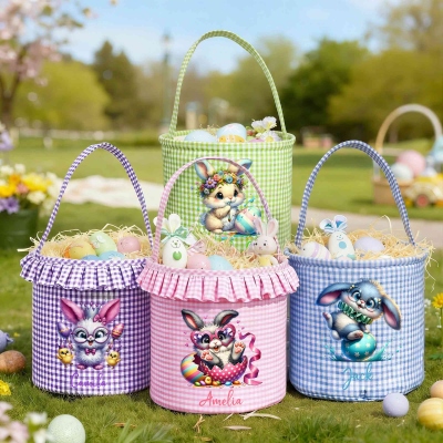 Custom Name Cartoon Quirky Bunny Gingham Easter Basket with Ruffle, Multicolor Easter Treat Bag, Easter Party Favor, Easter Gift for Kids/Boys/Girls