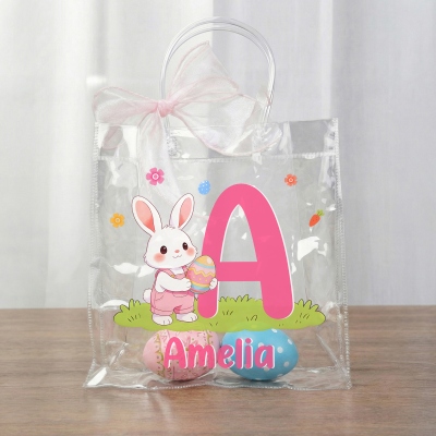 Custom Name Cartoon Bunny & Colorful Egg Alphabet Easter Gift Bag with Pink Bow Ribbon, Clear PVC Easter Egg Hunt Bag, Easter Gift for Kids/Boys/Girls