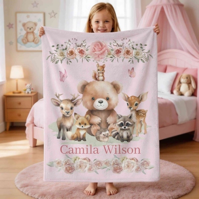 Custom Name Floral Forest Animals Blanket, Flannel/Sherpa Soft Bed Couch Throw, Nursery Decor, Baby Shower/Birthday Gift for  Newborns/Toddlers/Girls