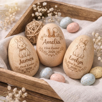 Personalized Engraved First Bunny Easter Egg with Name, Wooden Easter Basket Stuffer, Egg Hunt Favor, Newborn Keepsake, Easter Gift for Kids/Babies