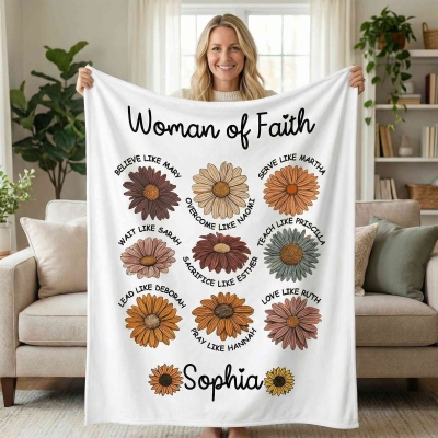 Personalized Woman of Faith Inspirational Bible Verses Blanket with Name, Flannel/Sherpa Throw for Bed Couch, Birthday/Christian Gift for Women