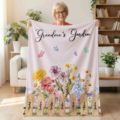 Personalized Grandma's Garden Blanket with Names & Birth Flowers, Flannel/Sherpa Throw for Bed Couch, Birthday/Mother's Day Gift for Mom/Grandma