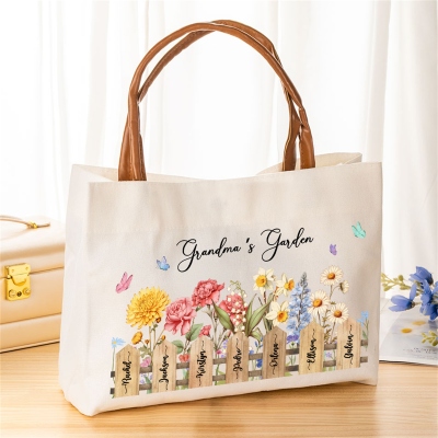 Custom Names & Birth Flowers Grandma's Garden Tote Bag, Large Capacity Canvas Handbag with Leather Handles, Birthday/Mother's Day Gift for Mom/Grandma