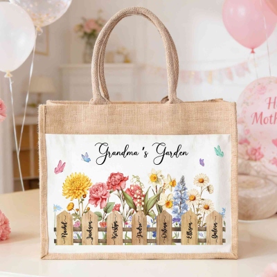 Personalized Names & Birth Flowers Grandma's Garden Burlap Tote Bag, Large Capacity Jute Handbag, Birthday/Mother's Day Gift for Mom/Grandma