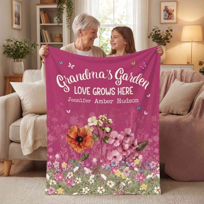 Personalized Names & Birth Flowers Butterflies Grandma's Garden Blanket, Flannel/Sherpa Bed Couch Throw, Birthday/Mother's Day Gift for Mom/Grandma