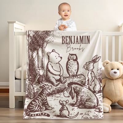 Custom Name Classic Winnie the Pooh and Friends Monochromatic Sketch Blanket, Flannel Tassel Throw, Nursery Decor, Baby Shower/Birthday Gift for Kids