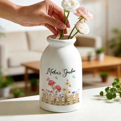 Personalized Birth Flowers Grandma's Garden Vase with Names, Family Floral Ceramic Mug Vase, Home Decor, Birthday/Mother's Day Gift for Mom/Grandma