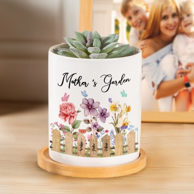 Personalized Names & Birth Flowers Grandma's Garden Plant Pot, Ceramic Planter with Drainage & Bamboo Tray, Birthday/Mother's Day Gift for Mom/Grandma
