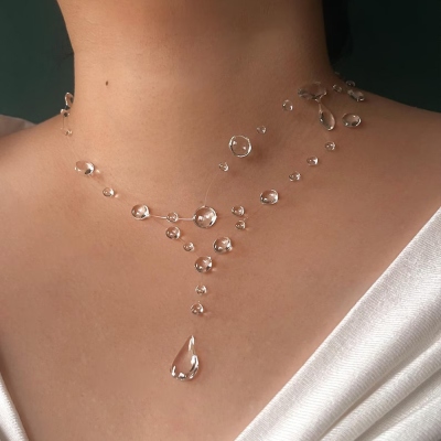 Handmade Invisible Dew Drop Necklace, Resin Elegant Wave Style Floating Choker, Minimalist Jewelry, Party Favor, Wedding Gift for Her/Bride/Friends