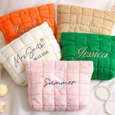 Personalized Embroidered Quilted Makeup Bag with Name, Toiletry Cosmetic Bag, Bachelorette Party Favor, Birthday/Wedding Gift for Her/Bridesmaids