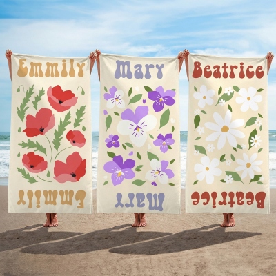 Custom Watercolor Birth Flower Beach Towel with Name, Microfiber Quick Dry Floral Bath Towel, Beach/Pool Party Favor, Gift for Her/Mom/Bridesmaids