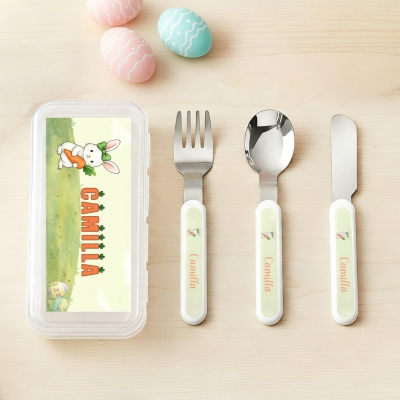 Custom Name Easter Carrot Rabbit Cutlery Set with Box, Food Grade Stainless Steel Knife, Fork & Spoon Set, Spring Party Favor, Easter Gift for Kids