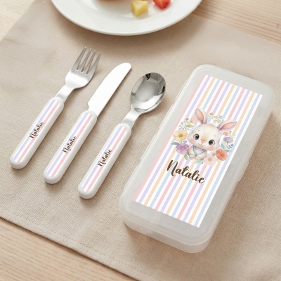 Personalized Name Floral Forest Animals Cutlery Set with Box, Food Grade Stainless Steel Knife, Fork & Spoon Set, Birthday Gift for Kids/Boys/Girls