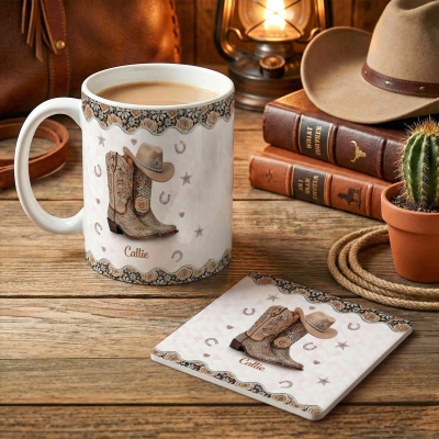 Personalized Name Rhinestone Cowgirl Hat & Boots Mug, 11oz/15oz Two Tone Ceramic Coffee Mug with Coaster, Birthday/Anniversary Gift for Women/Cowgirls