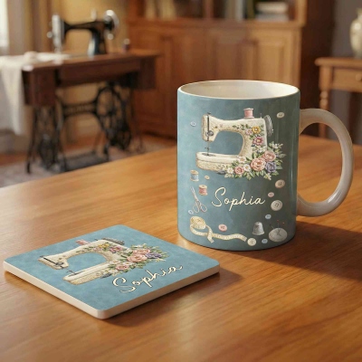 Custom Name She Sews Love Into Every Stitch Floral Sewing Machine Design Mug, 11oz/15oz Ceramic Mug with Coaster, Gift for Mom/Grandma/Sewing Lovers