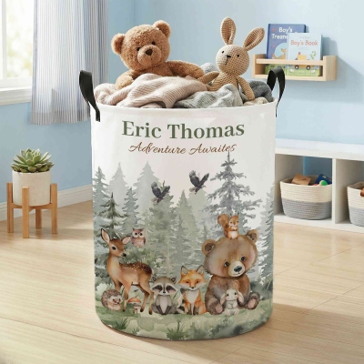 Personalized Name Forest Animals Design Storage Basket with Handles, Large Capacity Laundry Toy Basket for Nursery/Bathroom, Gift for Kids/Toddlers