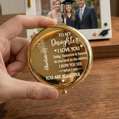 Personalized Birth Flower Affirmations Makeup Mirror with Name, Round 1x/2x Dual Travel Compact Mini Mirror, Birthday Gift for Graduates/Friends/Girls