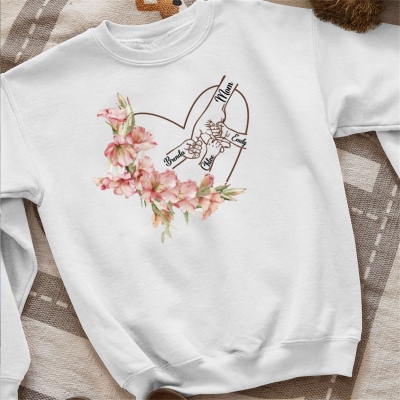 Custom Names Birth Flower Heart Family Fists Bump Sweatshirt/Pullover Hoodie, Multicolor Crewneck Top, Birthday/Mother's Day Gift for Mom/Grandma