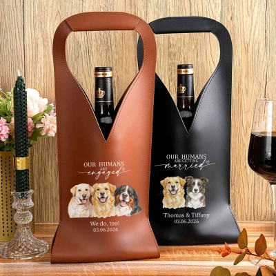 Custom Watercolor Pet Portrait Wine Tote with Name, PU Leather Wine Bag, Bridal Shower Party Favor, Wedding Gift for Pet Lovers/Bridesmaids/Friends