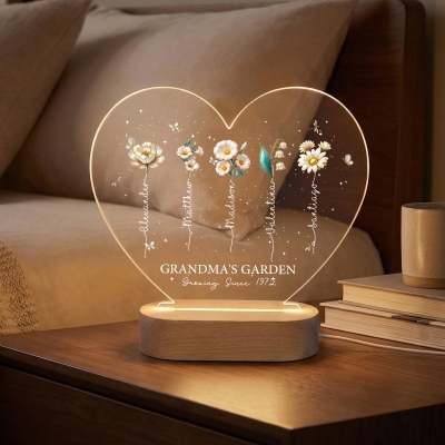 Custom Names & Birth Flowers Grandma’s Garden Heart-Shaped LED Night Light, Acrylic Night Lamp with Wooden Base, Mother’s Day Gift for Mom/Grandma