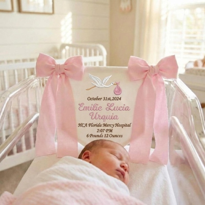 Personalized Baby Birth Announcement Banner with Name & Date, Custom Newborn Crib Decoration Sign, Baby Shower Gift for New Parents