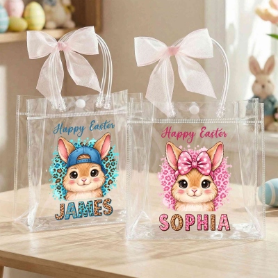 Custom Name Leopard Print Cartoon Bunny Easter Gift Bag with Pink Bow Ribbon, Clear PVC Easter Egg Hunt Bag, Spring Party Favor, Easter Gift for Kids