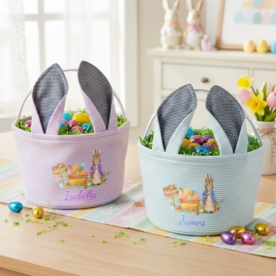 Custom Name Peter Rabbit & Colorful Eggs Easter Basket with Bunny Ears, Seersucker Large Capacity Easter Egg Hunt Bucket Bag, Easter Gift for Kids