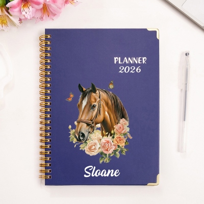Personalized Name Horse Equestrian Planner 2026, A5 Spiral Notebook with Elastic Band & Weekly Planner Pages, Birthday Gift for Horse Lovers