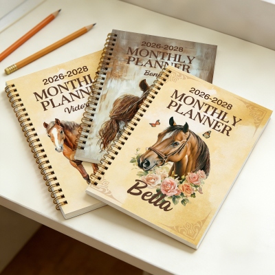 Personalized Name Horse Equestrian 2026-2028 Monthly Planner, A5 Spiral Schedule Planner Notebook, Birthday/Anniversary Gift for Horse Lovers/Riders