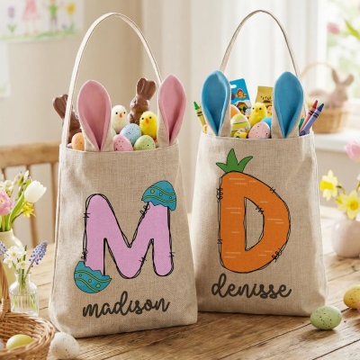 Personalized Easter Bunny Bag with Name, Cotton Linen Easter Egg Hunt Bucket Bag with Rabbit Ears, Spring Party Favor, Easter Gift for Kids/Boys/Girls