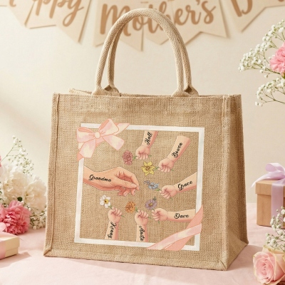 Custom Names Birth Flowers Mom/Grandma & Kids Hands Bow Frame Burlap Tote Bag, Large Capacity Jute Handbag, Birthday/Mother’s Day Gift for Mom/Grandma