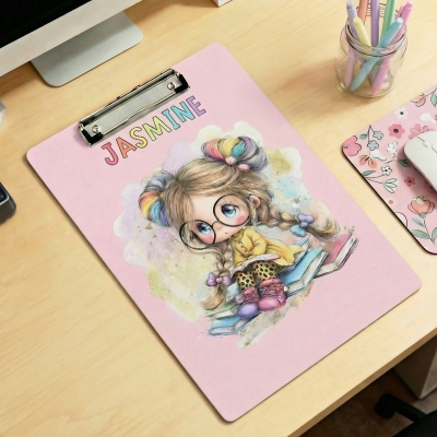 Personalized Cartoon Reading Girl Character Clipboard with Name, School Supplies, Birthday/Back to School Gift for Kids/Girls/Students