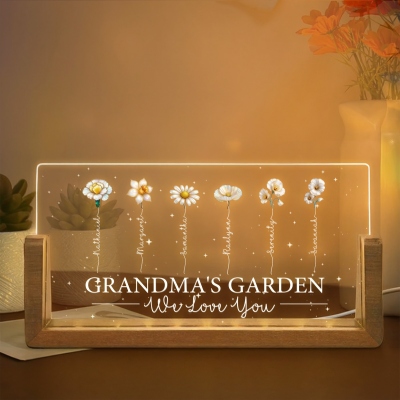 Custom Names & Birth Flowers Grandma’s Garden LED Night Light, Rectangular Acrylic Night Lamp with Wooden Base, Mother’s Day Gift for Mom/Grandma