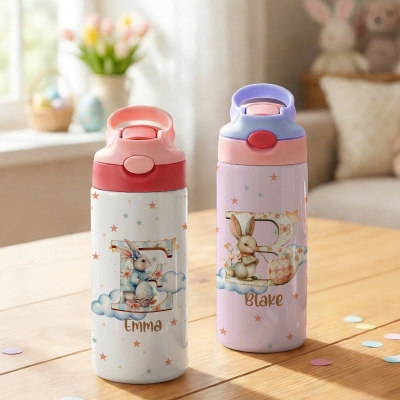 Custom Name Floral Bunny Watercolor Alphabet Water Bottle, Stainless Steel 12oz Tumbler with Silicone Straw & Spill-Proof Lid, Easter Gift for Kids