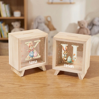 Personalized Name Floral Bunny Watercolor Alphabet Piggy Bank, Wooden Clear Window Money Box Saving Bank, Home Decor, Easter/Birthday Gift for Kids