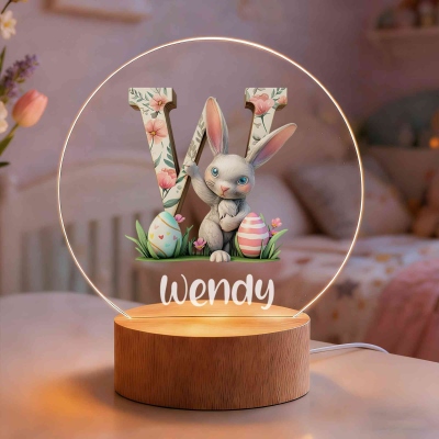Personalized Name Floral Bunny Watercolor Alphabet LED Night Light, Acrylic Night Lamp with Wooden Base, Nursery Decor, Easter/Birthday Gift for Kids