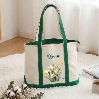 Personalized Name Birth Flower Boat Tote Bag, Canvas Beach Tote, Bachelorette Party Favor, Travel Accessory, Birthday Gift for Women/Family/Friends