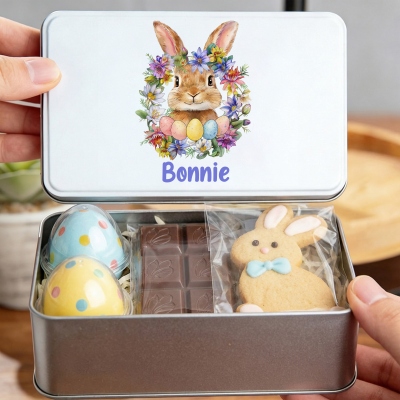Personalized Birth Flower & Name Bunny Easter Treat Tin with Lid, Biscuit Box, Tinplate Container, Spring Party Favor, Easter Gift for Kids/Boys/Girls