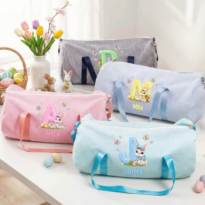 Personalized Name Floral Rabbit & Fluffy Alphabet Design Mini Seersucker Duffle Bag, Children's Overnight Bag, Birthday/Easter Gift for Kids/Teens